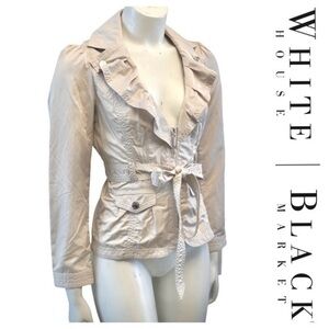 WHITE HOUSE BLACK MARKET pretty belted lightweight jacket with ruffle collar